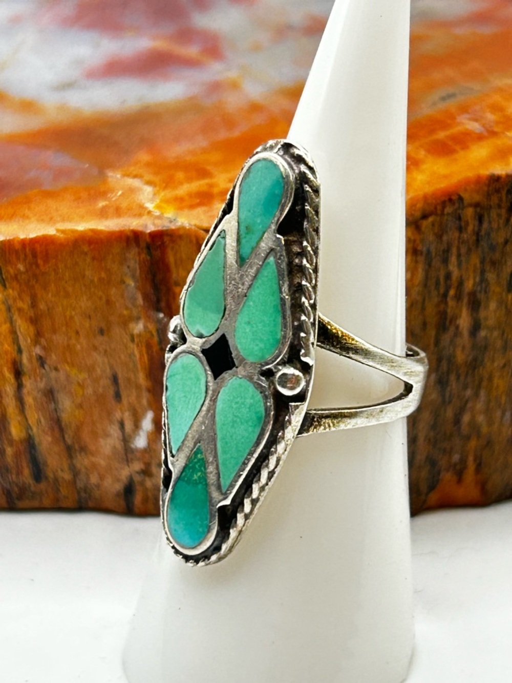 Vintage Sterling Silver Turquoise Inlay Ring - Size 6.5 - Picture 2 of 5